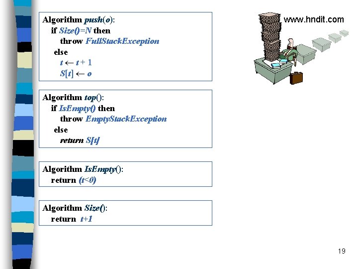 Algorithm push(o): if Size()=N then throw Full. Stack. Exception else t t+1 S[t] o