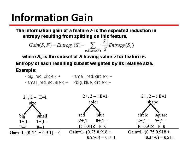 Information Gain The information gain of a feature F is the expected reduction in