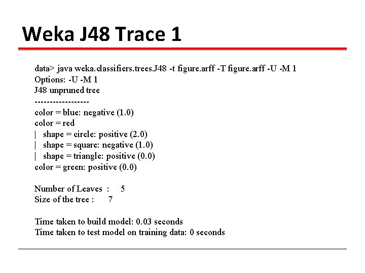 Weka J 48 Trace 1 data> java weka. classifiers. trees. J 48 -t figure.