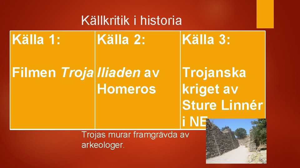 Källa 1: Källkritik i historia Källa 2: Källa 3: Filmen Troja Iliaden av Homeros