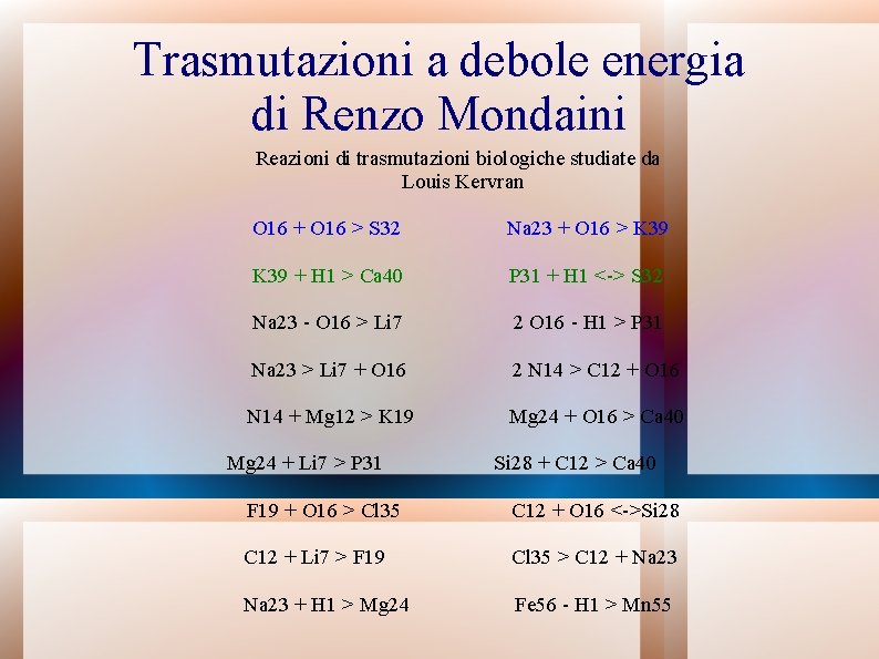 Trasmutazioni a debole energia di Renzo Mondaini Reazioni di trasmutazioni biologiche studiate da Louis