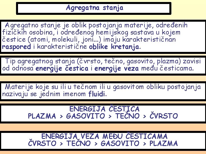 Agregatna stanja Agregatno stanje je oblik postojanja materije, određenih fizičkih osobina, i određenog hemijskog