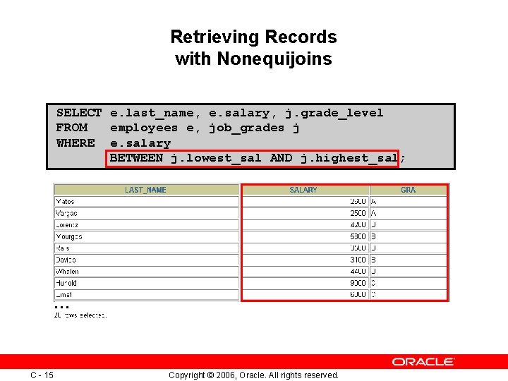 Retrieving Records with Nonequijoins SELECT e. last_name, e. salary, j. grade_level FROM employees e, Retrieving Records with Nonequijoins SELECT e. last_name, e. salary, j. grade_level FROM employees e,