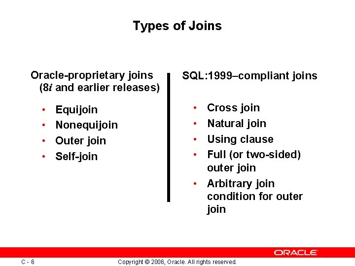 Types of Joins Oracle-proprietary joins (8 i and earlier releases) • • C-6 Equijoin Types of Joins Oracle-proprietary joins (8 i and earlier releases) • • C-6 Equijoin