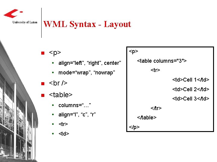 WML Syntax - Layout n <p> align=“left”, “right”, center” <p> <table columns="3"> <tr> mode=“wrap”, WML Syntax - Layout n <p> align=“left”, “right”, center” <p> <table columns="3"> <tr> mode=“wrap”,
