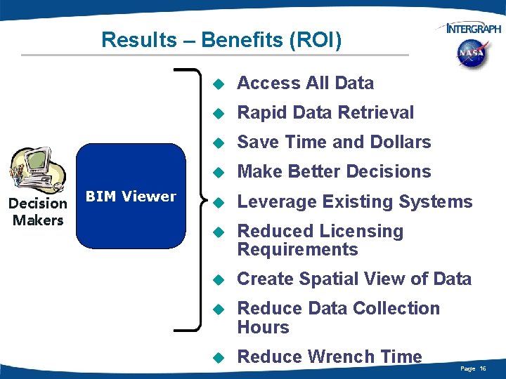 Results – Benefits (ROI) Decision Makers BIM Viewer u Access All Data u Rapid