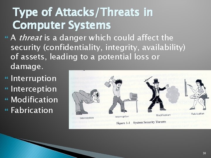 Type of Attacks/Threats in Computer Systems A threat is a danger which could affect