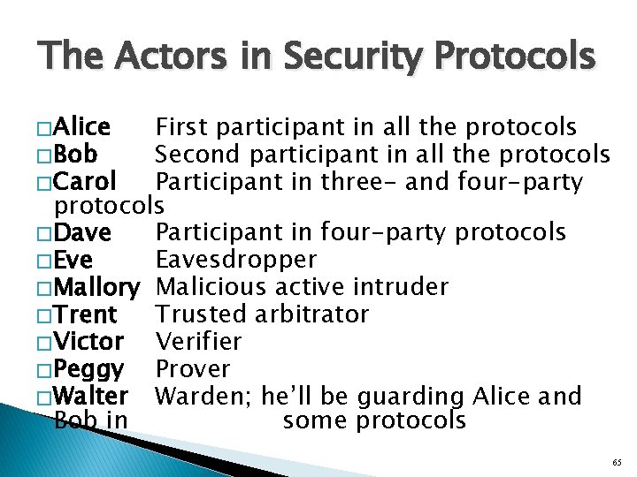 The Actors in Security Protocols � Alice First participant in all the protocols �