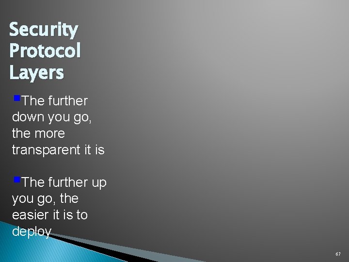 Security Protocol Layers §The further down you go, the more transparent it is §The