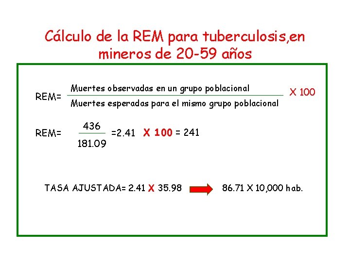 Cálculo de la REM para tuberculosis, en mineros de 20 -59 años REM= Muertes
