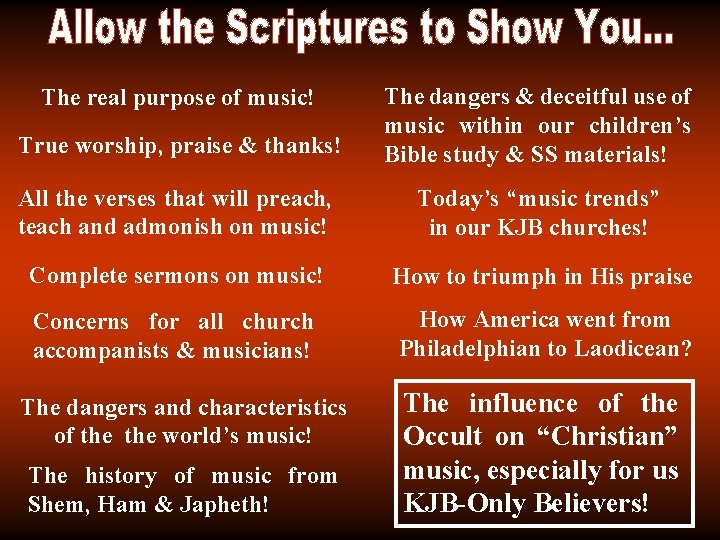 True worship, praise & thanks! The dangers & deceitful use of music within our