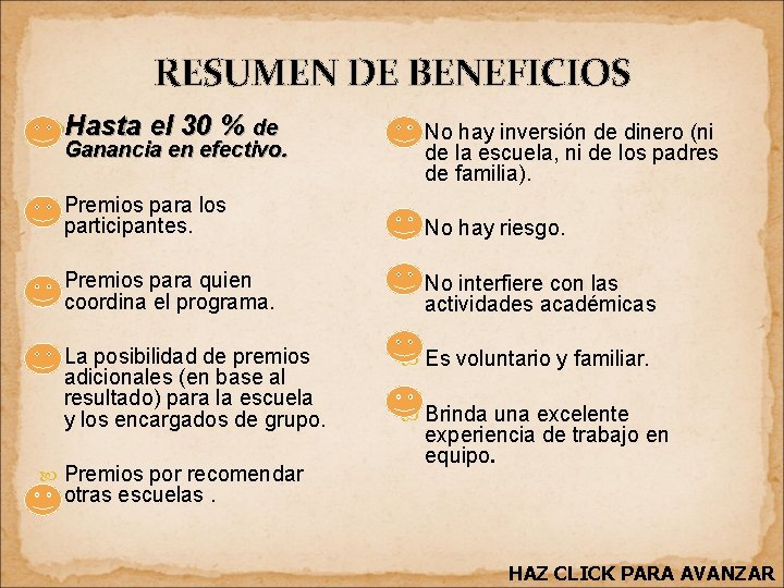 RESUMEN DE BENEFICIOS Hasta el 30 % de Ganancia en efectivo. Premios para los