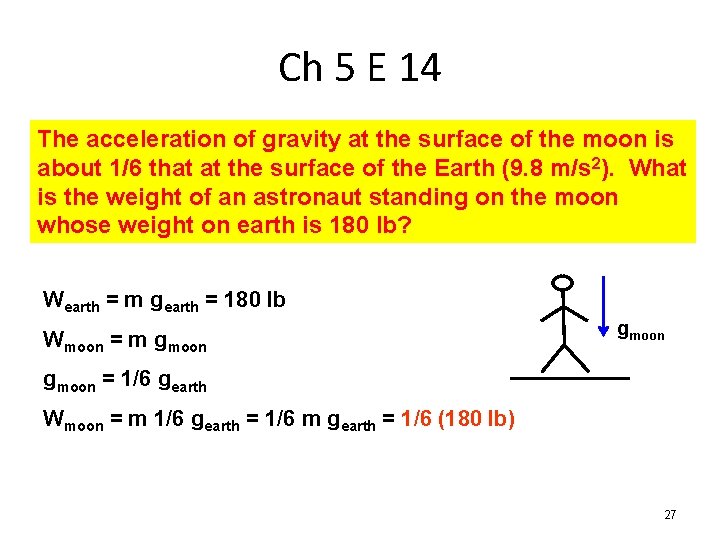 Ch 5 E 14 The acceleration of gravity at the surface of the moon