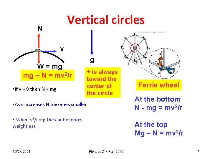 Vertical circles N v W = mg mg – N = mv 2/r •