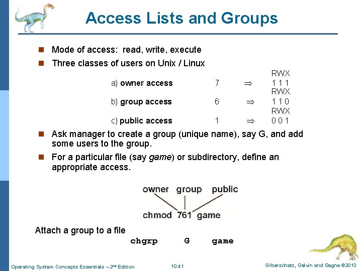 Access Lists and Groups n Mode of access: read, write, execute n Three classes