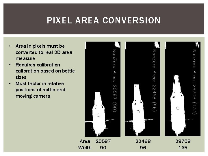 PIXEL AREA CONVERSION • Area in pixels must be converted to real 2 D
