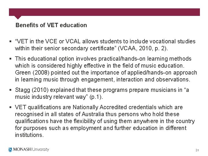 Benefits of VET education § “VET in the VCE or VCAL allows students to