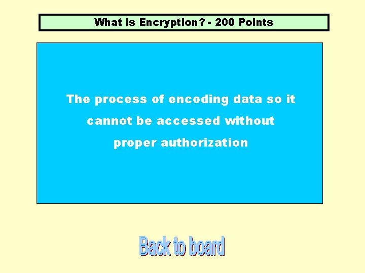 What is Encryption? - 200 Points The process of encoding data so it cannot