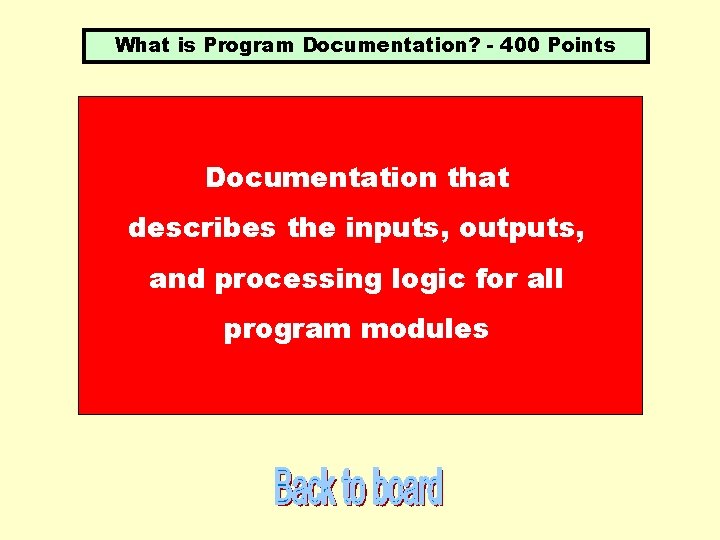 What is Program Documentation? - 400 Points Documentation that describes the inputs, outputs, and