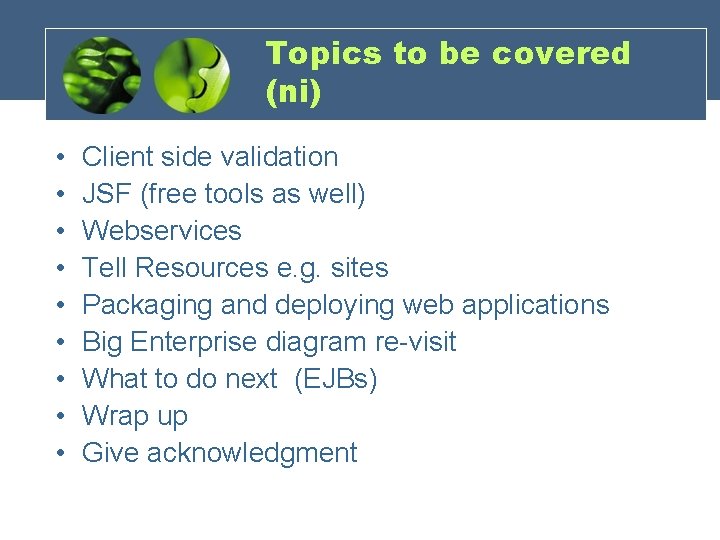 Topics to be covered (ni) • • • Client side validation JSF (free tools