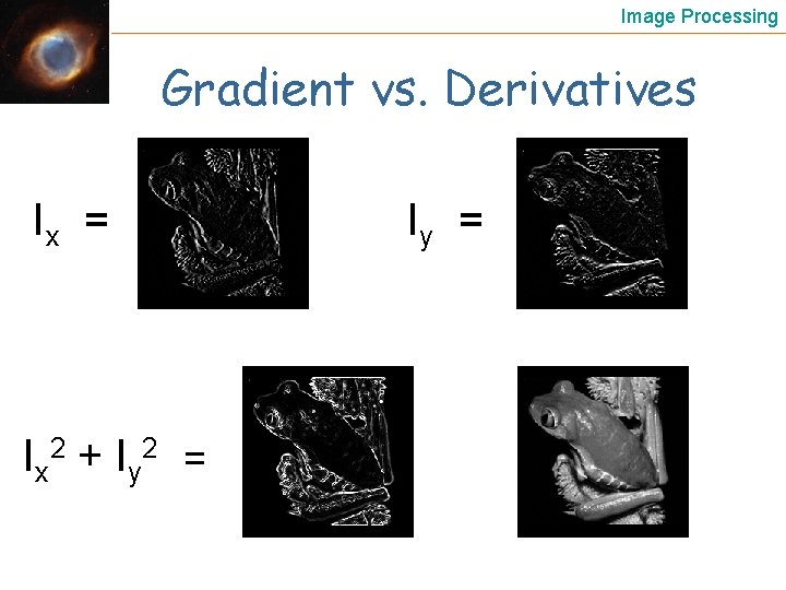 Image Processing Gradient vs. Derivatives Ix = Ix 2 + Iy 2 = Iy