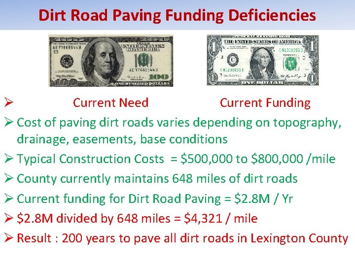 Dirt Road Paving Funding Deficiencies Ø Current Need Current Funding Ø Cost of paving