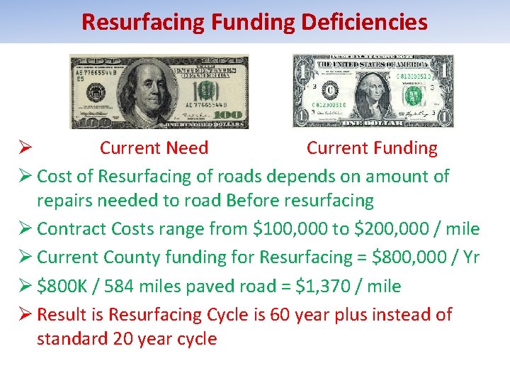 Resurfacing Funding Deficiencies Ø Current Need Current Funding Ø Cost of Resurfacing of roads