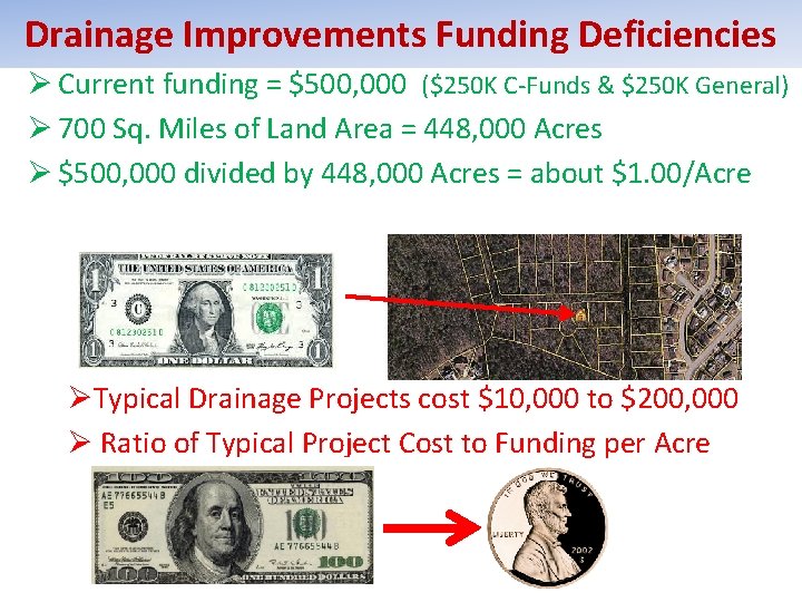 Drainage Improvements Funding Deficiencies Ø Current funding = $500, 000 ($250 K C-Funds &