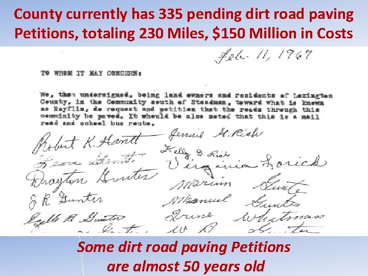 County currently has 335 pending dirt road paving Petitions, totaling 230 Miles, $150 Million