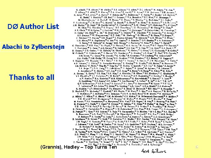DØ Author List Abachi to Zylberstejn Thanks to all (Grannis), Hadley – Top Turns