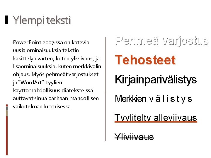 Ylempi teksti Power. Point 2007: ssä on käteviä uusia ominaisuuksia tekstin käsittelyä varten, kuten