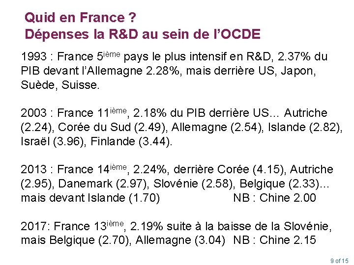 Quid en France ? Dépenses la R&D au sein de l’OCDE 1993 : France