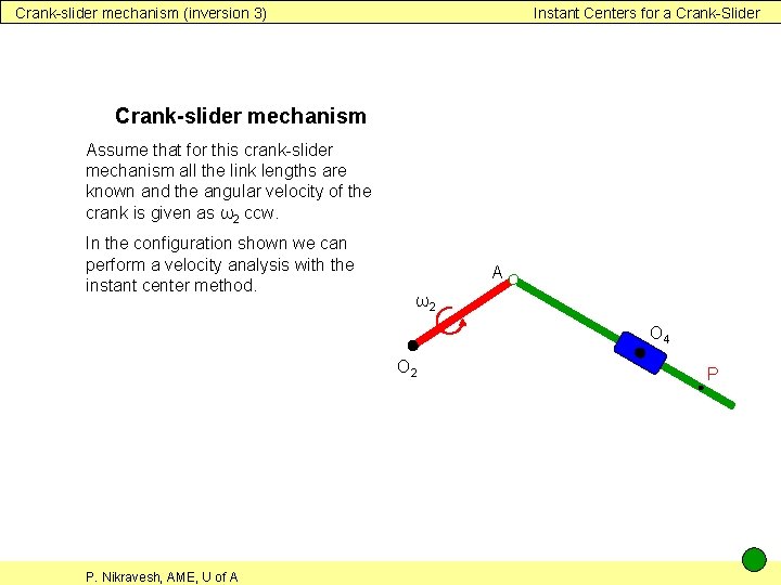 Crank-slider mechanism (inversion 3) Instant Centers for a Crank-Slider Crank-slider mechanism Assume that for