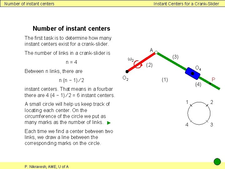 Number of instant centers Instant Centers for a Crank-Slider Number of instant centers The