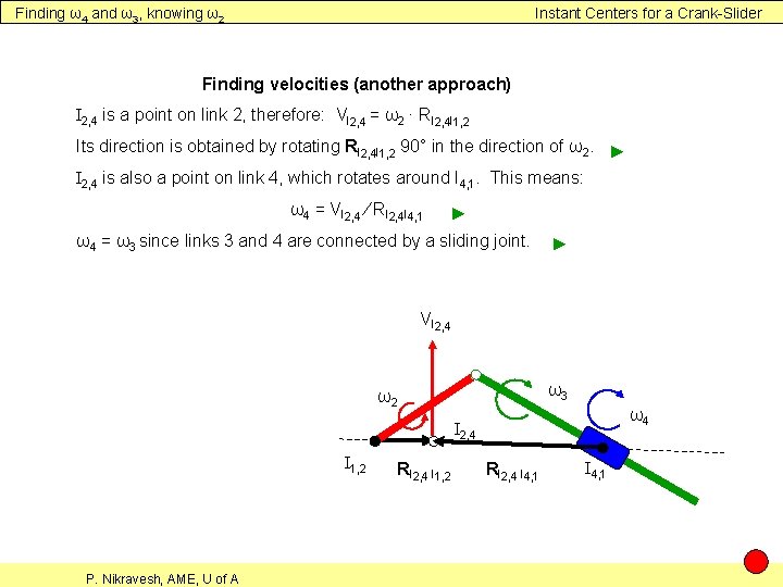 Finding ω4 and ω3, knowing ω2 Instant Centers for a Crank-Slider Finding velocities (another