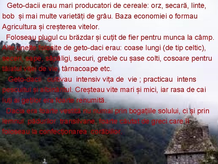 Geto-dacii erau mari producatori de cereale: orz, secară, linte, bob și mai multe varietăți