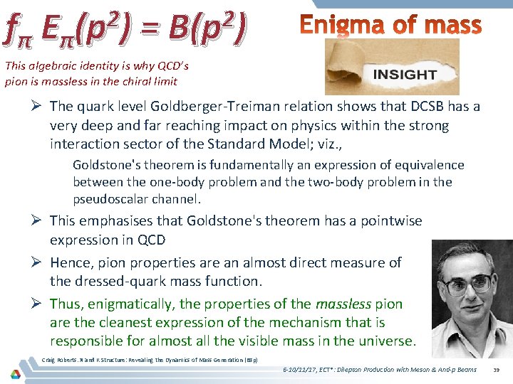 2 2 fπ Eπ(p ) = B(p ) This algebraic identity is why QCD’s