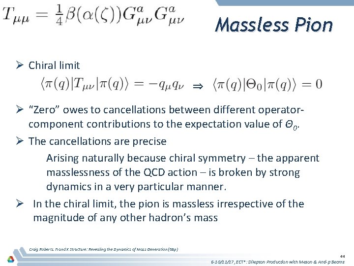 Massless Pion Ø Chiral limit ⇒ Ø “Zero” owes to cancellations between different operatorcomponent