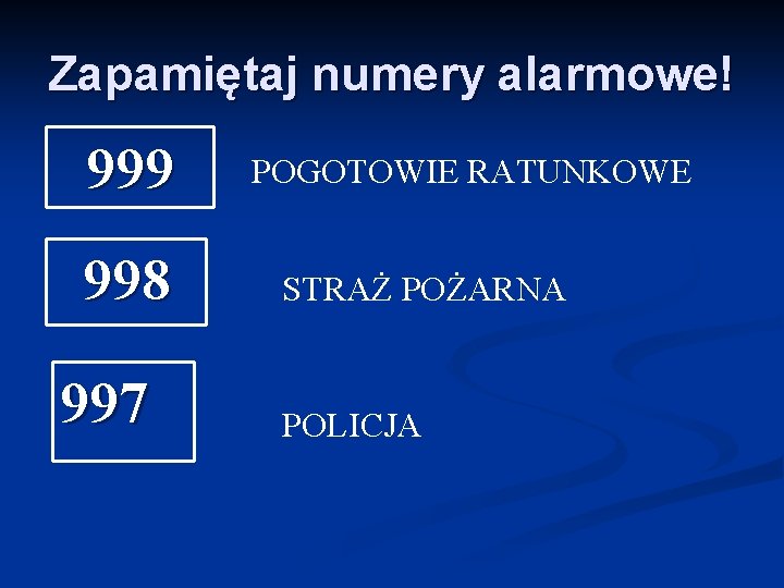 Zapamiętaj numery alarmowe! 999 998 997 POGOTOWIE RATUNKOWE STRAŻ POŻARNA POLICJA 