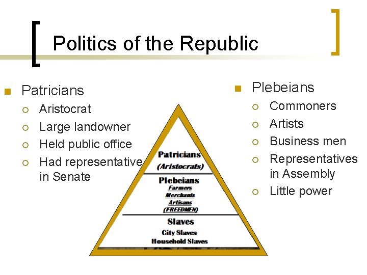 Politics of the Republic n Patricians ¡ ¡ Aristocrat Large landowner Held public office