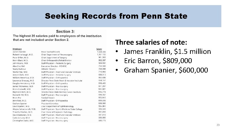 Seeking Records from Penn State Three salaries of note: • James Franklin, $1. 5