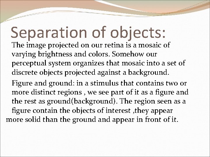 Separation of objects: The image projected on our retina is a mosaic of varying