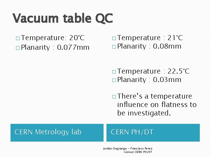 Vacuum table QC � Temperature: 20°C � Planarity : 0. 077 mm � Temperature