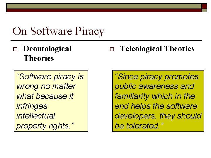 On Software Piracy o Deontological Theories “Software piracy is wrong no matter what because