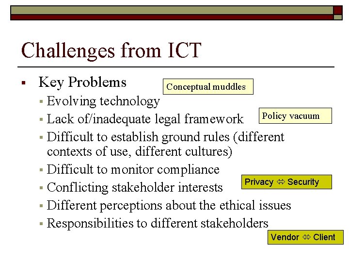 Challenges from ICT § Key Problems Conceptual muddles Evolving technology Policy vacuum § Lack