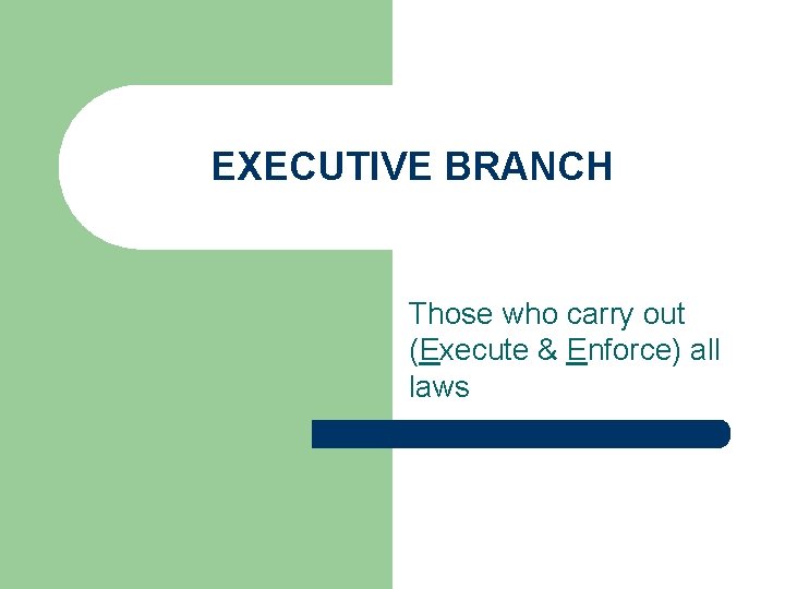 EXECUTIVE BRANCH Those who carry out (Execute & Enforce) all laws 