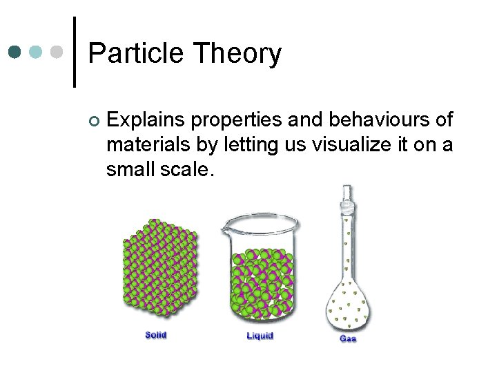 Particle Theory ¢ Explains properties and behaviours of materials by letting us visualize it