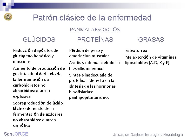 Patrón clásico de la enfermedad PANMALABSORCIÓN GLÚCIDOS PROTEÍNAS GRASAS Reducción depósitos de glucógeno hepático