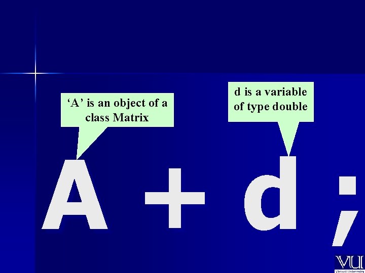 ‘A’ is an object of a class Matrix d is a variable of type