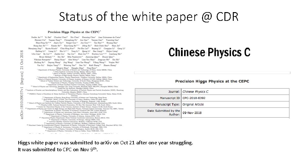 Status of the white paper @ CDR Higgs white paper was submitted to ar.